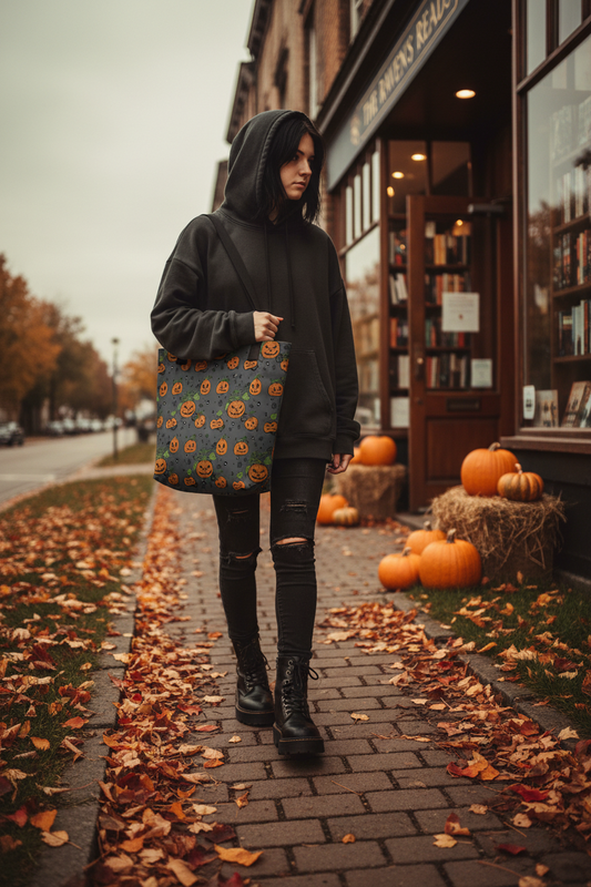 Model wearing gothic pumpkin tote bag with alternative outfit