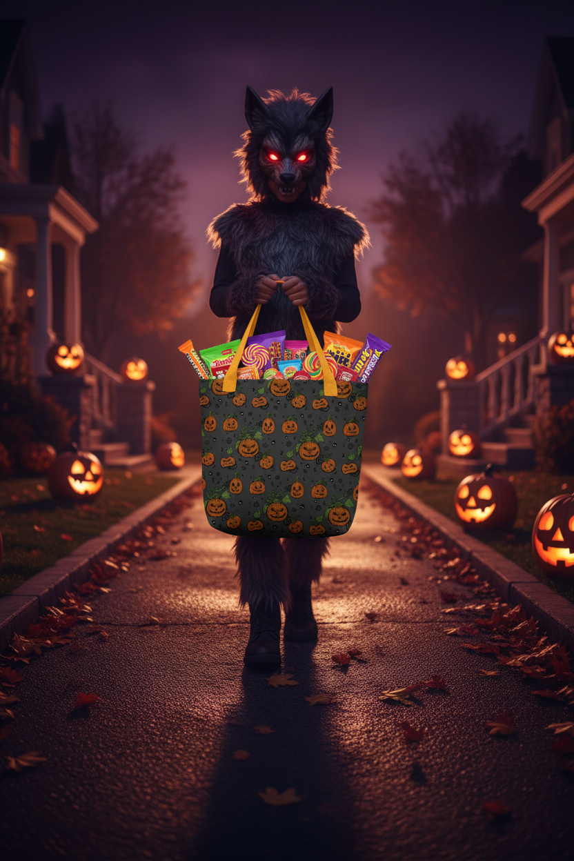 Goth Pumpkin Tote bag with model for haloween candy